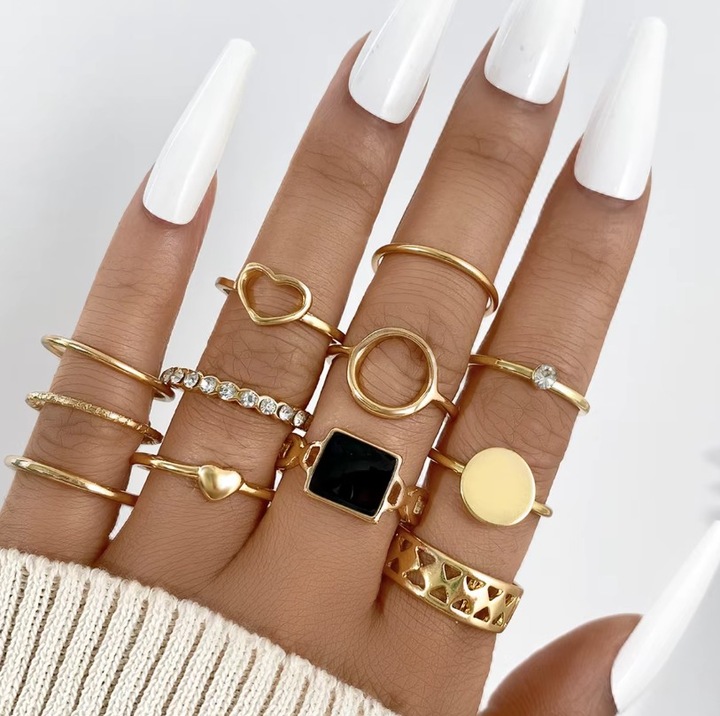 Set 12 inele Piatra neagra, pentru Femei, Aspect Fashion, Stainless-steel, Auriu