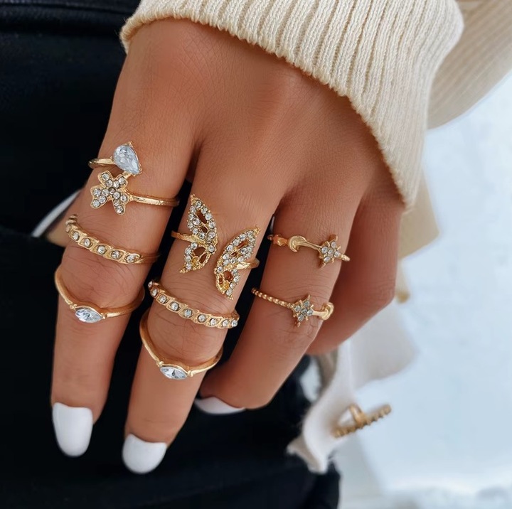 Set 8 inele Crystal, pentru Femei, Aspect Fashion, Stainless-steel, Auriu