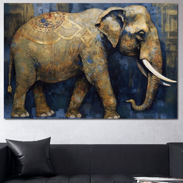 Tablou Canvas Premium, LuxCanva® M1305, Dansul Orientului, 40 X 60 CM, Panza Bumbac 100% 400g/m2, Sasiu Lemn, Sacru, Talisman, Simboluri, Elefant, Auriu, Profil, Spirit, Artistic, Colti, Cultura, Animal, Birou, Living, Camera Copil