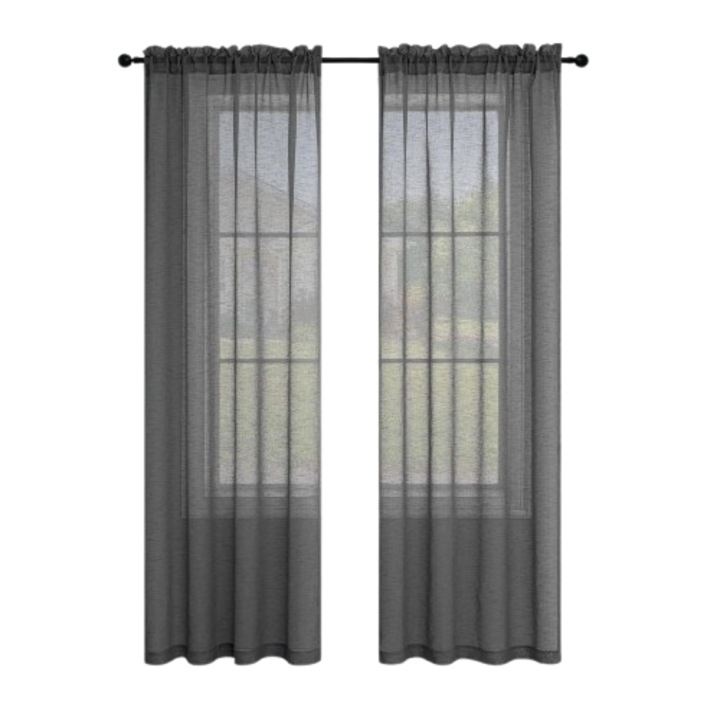 Комплект от 2 завеси MIULEE, 140 x 250 см, с драперия, прозрачен воал, имитация на лен, тъмносив цвят