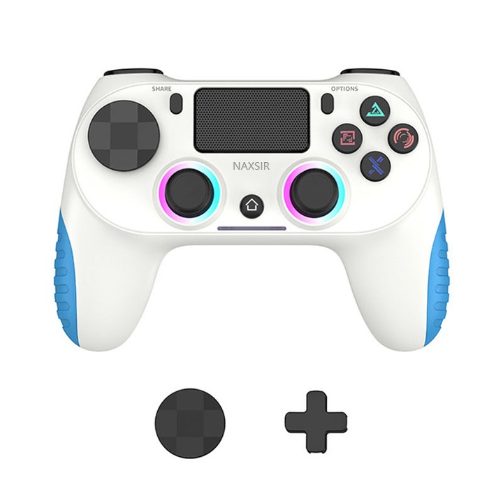 NAXSIR Vezeték Nélküli Gamepad PS4, Switch (OLED/Lite), PC & Android/iOS konzolokhoz, Kettős Rezgés, 6-Tengelyes Érzékelő, 3.5mm Audio Jack, RGB LED, Fehér/Kék