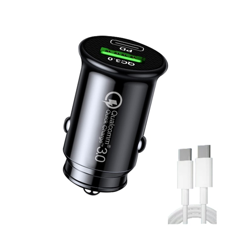 Incarcator auto, compatibil cu iPhone, Samsung, Huawei si alte marci, suporta incarcare ultra-rapida, echipat cu 1 port Type-C si 1 port USB 3.0,, echipat cu indicator LED, culoare negru
