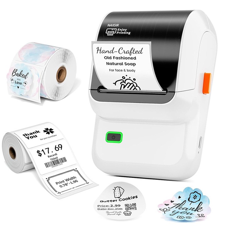 Преносим термопринтер за етикети NAXSIR, Bluetooth, без мастило, съвместим с iOS/Android/Windows, приложение за телефон, включена ролка 40x30, цветна ролка 50x50, може да се залепва, бял