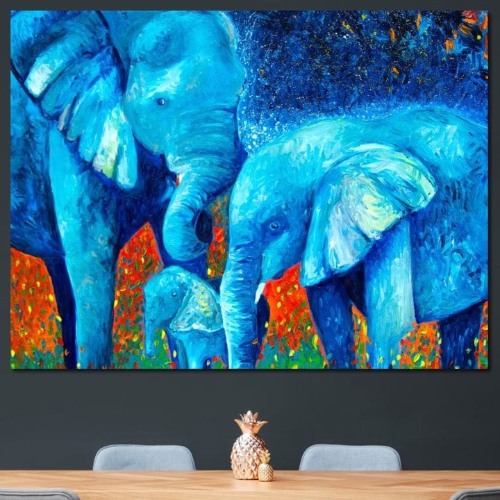 Tablou Canvas Premium, LuxCanva® M1307, Calatorie in Jungla Magica, 90 X 120 CM, Panza Bumbac 100% 400g/m2, Sasiu Lemn, Albastru, Abstract, Familie, Culori Vibrante, Elefanti, Pictura, Magie, Poveste, Exotic, Birou, Living, Camera Copil