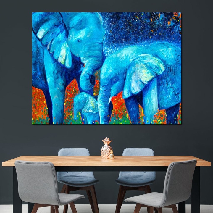 Премиум картина върху платно, LuxCanva® M1307, Пътешествие в магическата джунгла, 75 X 100 CM, 100% памучно платно 400g/m2, дървена рамка, синьо, абстрактен, семейство, ярки цветове, слонове, живопис, магия, история, екзотичен, офис, хол, детска стая