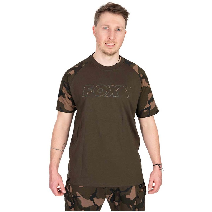 Férfi póló, horgászathoz, Fox, Khaki/Camo Outline - L