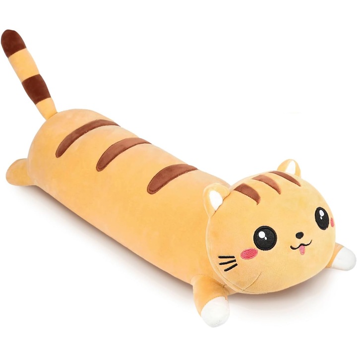 Jucarie in forma de pisica cu blana lunga, tip perna, lavabila, cu umplutura hipoalergenica, potrivita pentru copii si adulti, lungime 90 cm, culoare galben