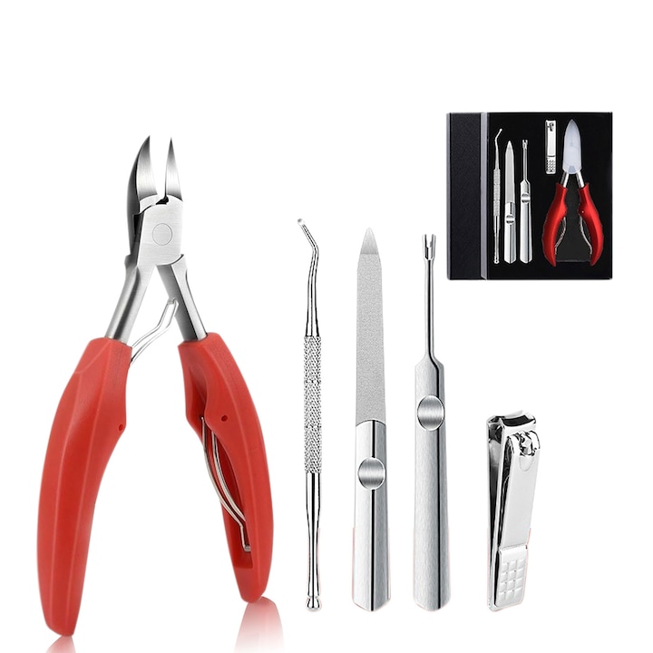 Pedikűr készlet 6 az 1-ben, FUIENKO, professzionális körömvágó, ergonomikus, piros, 10x10cm