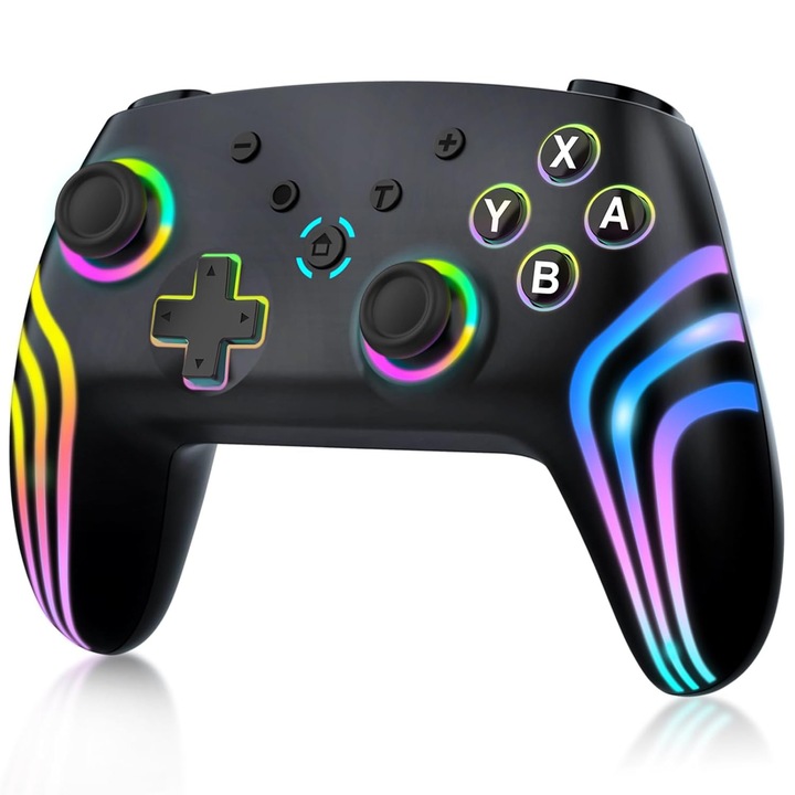 Controller wireless pentru Switch/Switch 2/Lite/OLED/PC, lumina RGB, Bluetooth, Vibratii Duale si Turbo, giroscop 6 axe, Incarcare USB, Negru