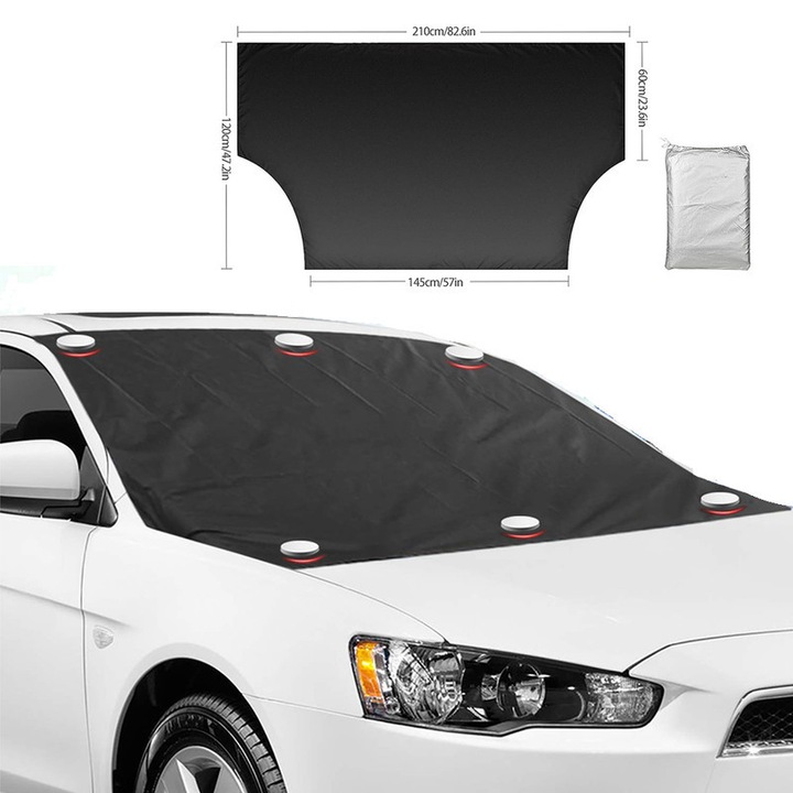 Магнитна покривка за предно стъкло на автомобил, черно-сребриста, 210x120см, водоустойчива и UV устойчива