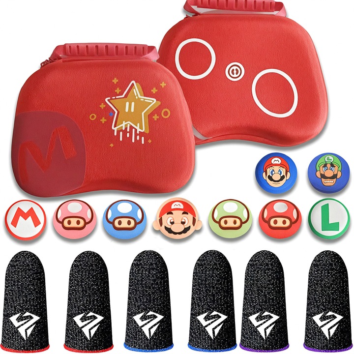 Set geanta portabila Super Mario pentru XBOX-PS4 si PS5, 1 geanta de stocare, 9 capace pentru degete, 6 protectii pentru degete, impermeabil, rezistent la praf, rezistent la presiune.