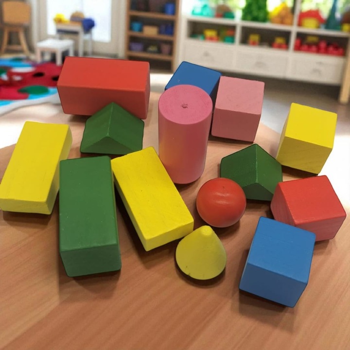 Joc de Masa, Cuburi de Lemn Diverse Forme, 14 piese colorate, 3-5cm, VisionXXI