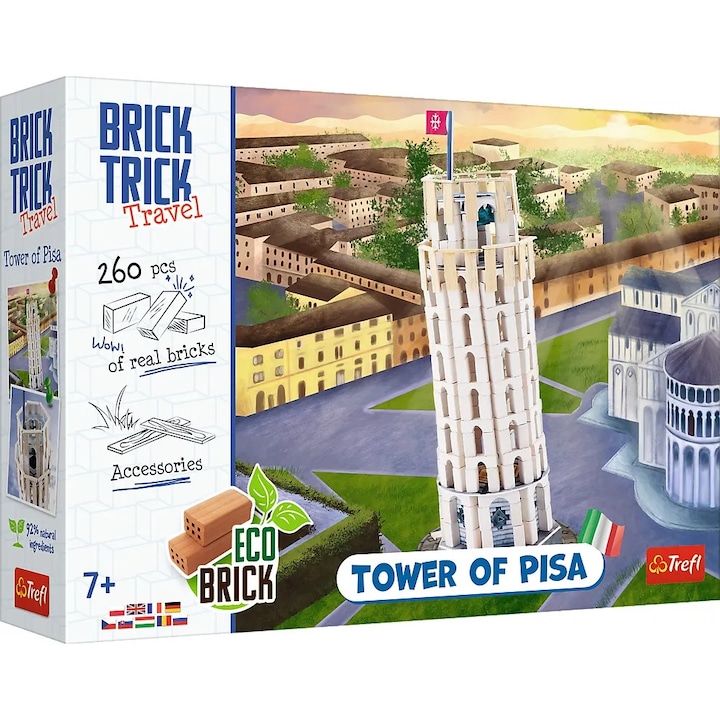 Trefl Brick Trick utazó puzzle: A pisai torony, 39 cm, 92%-ban természetes anyagokból, készlet