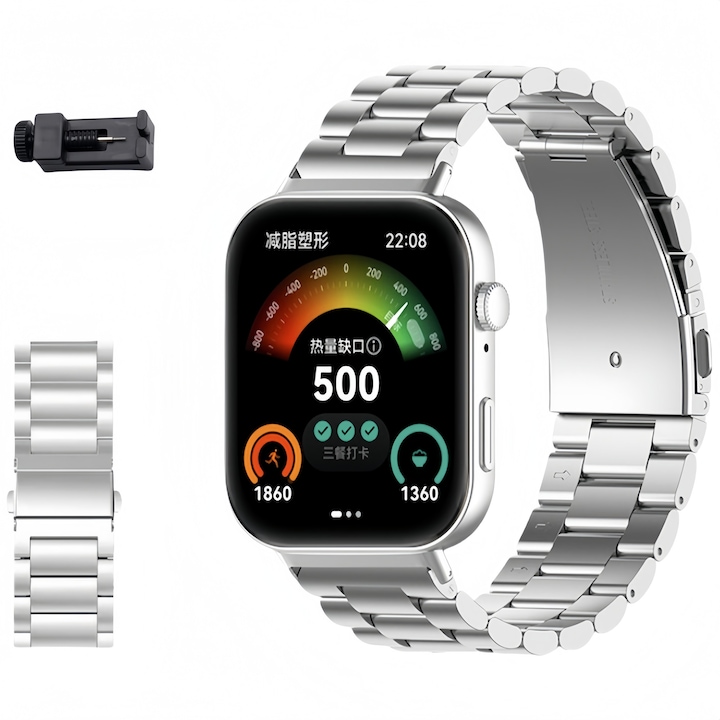 Bratara metalica din inox, MDUG, pentru Huawei Watch Fit 4/Fit 4 Pro/Fit 3, argintie, dimensiune ajustabila 140x210mm, set cu unelte de indepartare