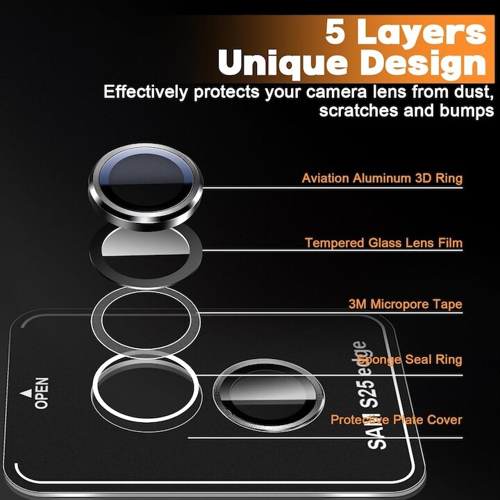 Set 2 folii de protectie pentru camera MDUG Samsung Galaxy S25 Edge 5G, sticla temperata 9H, anti-zgarieturi, negru