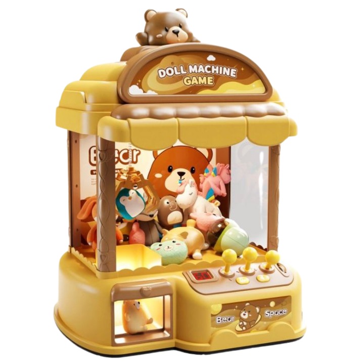 Interaktív plüssjáték-fogó gép gyerekeknek - 10 figurát, 20 többszínű labdát, 24 érmét és töltőkábelt tartalmaz - Kettős tápellátás elemmel vagy USB Type C-vel - Mesehős maci design hangokkal és fényekkel