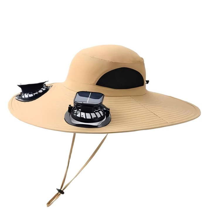 Palarie de paie cu ventilator solar, poliester, bej