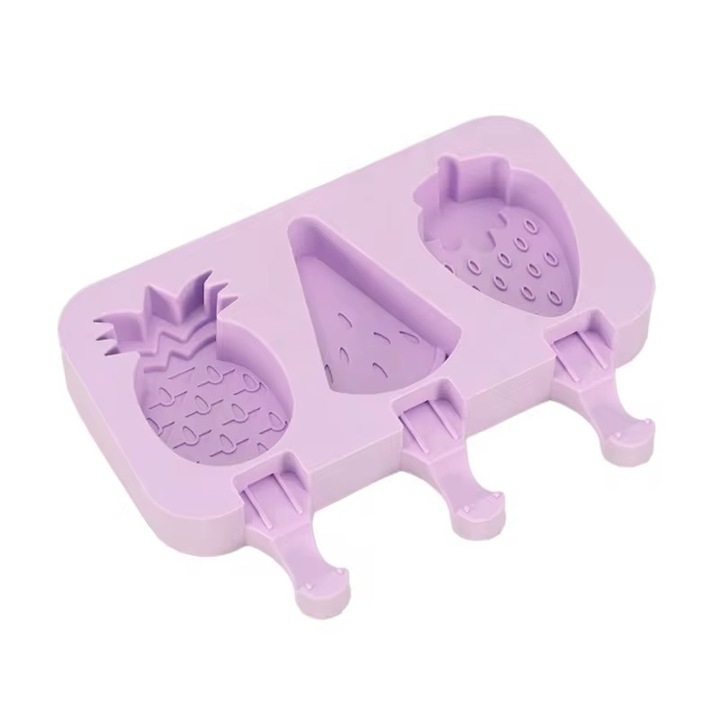 Forma de inghetata din silicon alimentar, 3 compartimente, 50 bete incluse, Roz