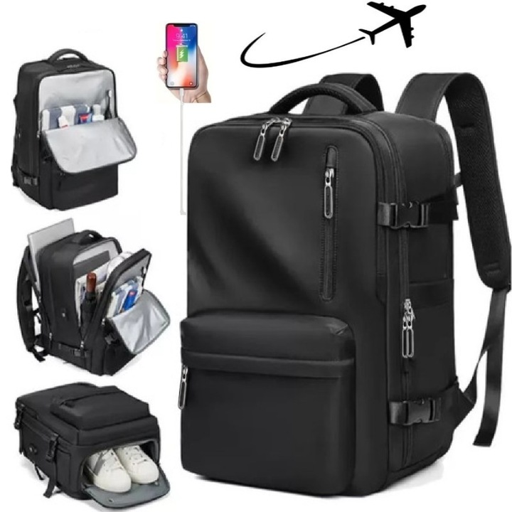 Раница за пътуване със самолет, 40x30x20 см, приемана от Wizz Air, Ryanair, многофункционална с отделно отделение за лаптоп, Черен