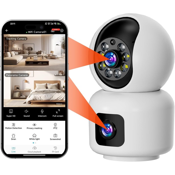 Camera de supraveghere inteligenta cu doua obiective si vizibilitate 360°, rezolutie 2K HD, apeluri vocale, vizibilitate nocturna color, monitorizare pentru bebelusi si animale de companie, compatibila cu stocare in cloud si pe card SD