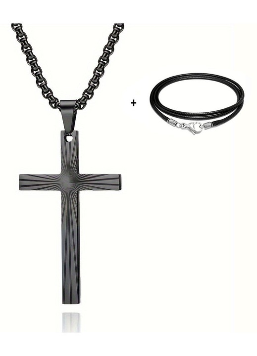 Colier Unisex Danati™, cu Pandantiv Cruce Neagra, Striatii Efect Soare, Dimensiunea 5 x 3 cm, din Otel Inoxidabil cu lant 60 cm si snur din Piele Separat 45-55 cm