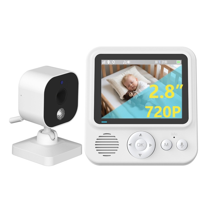 Бебефон с монитор Beeherb®, Безжична аудио-видео камера, 720P HD, 2.8" екран, Инфрачервено нощно виждане, 360° наблюдение, Звуков/Температурен сензор, Двупосочен звук, VOX, Възпроизвеждане на музика, Аларма, Контрол на силата на звука, Черен/Бял