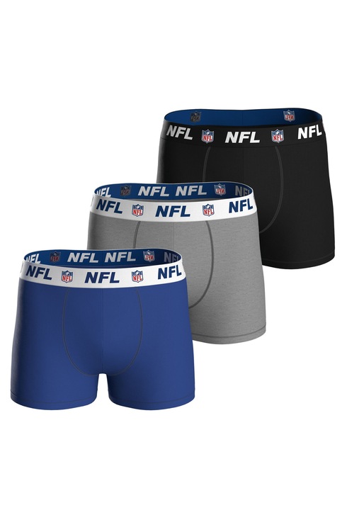 NFL, Set de boxeri din amestec de bumbac cu banda elastica cu logo in talie - 3 perechi, Negru/Gri/Albastru
