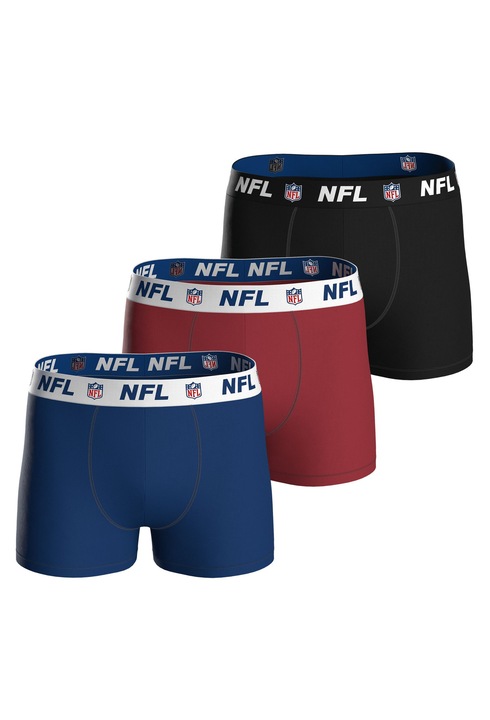 NFL, Set de boxeri din amestec de bumbac cu banda elastica cu logo in talie - 3 perechi, Rosu/Negru/Albastru inchis