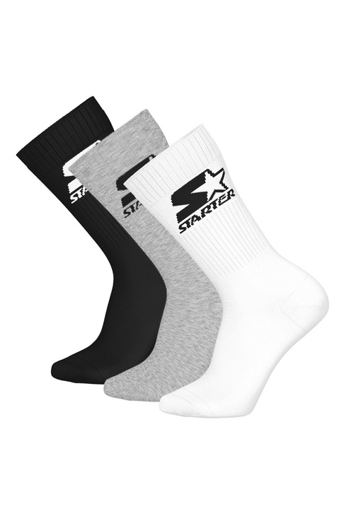 Starter, Set de sosete lungi unisex cu logo - 3 perechi, Alb/Negru/Gri