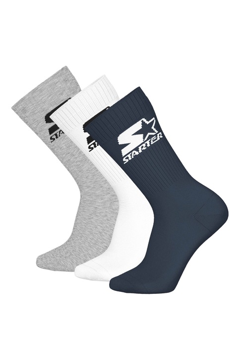 Starter, Set de sosete lungi unisex cu logo - 3 perechi, Alb/Gri/Albastru inchis