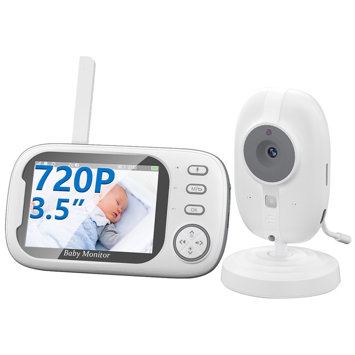 Бебефон с камера Beeherb®, Безжична аудио-видео камера, 720P HD, 3.5" екран, Инфрачервено нощно виждане, 360° наблюдение, Звуков/Температурен сензор, Двупосочен звук, VOX, Възпроизвеждане на музика, Аларма, Регулиране на силата на звука, Бял/Сив