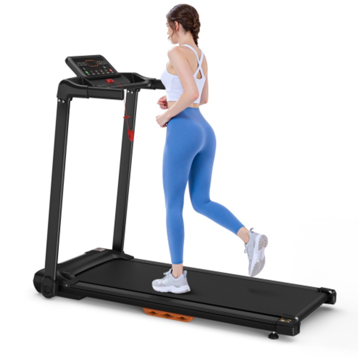 Banda de alergare pentru uz casnic, pliabila, viteza maxima de 12 km/h, greutate maxima suportata de 120 kg, suport pentru tableta, compatibila cu aplicatii, ecran LED