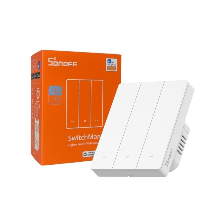 Intrerupator inteligent Sonoff ZBM5-3C-80W, Zigbee, 3 canale, 10A