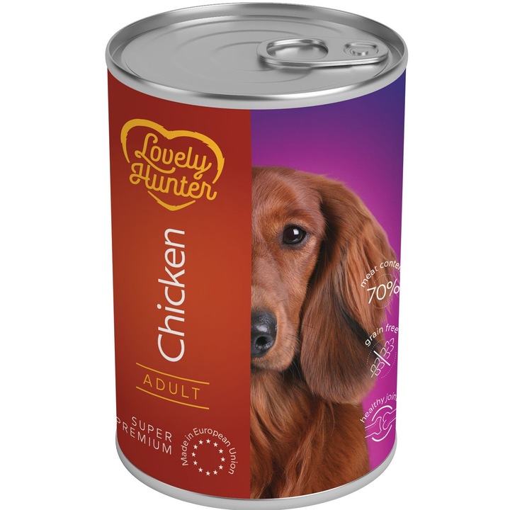 Мокра храна за възрастни кучета на базата на пилешко месо, Lovely Hunter Chicken, 800 г, консерва