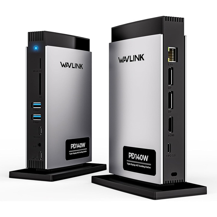 Докинг станция Wavlink, с 8K дисплейно разширение, 125W PD3.1 преминаване, 2 DisplayPort, 1 HDMI, 2 x USB-A, 3 x USB-C, Ethernet, SD/TF, аудио/микрофон, за Windows и MacBook M1/M2/M3/M4
