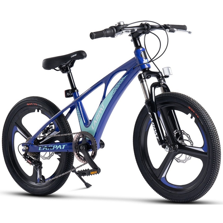 Планински велосипед с 20" магнезиеви колела, предни/задни дискови спирачки, 7 скорости, оборудване SunRun, син, Планински велосипед Carpat Pro с магнезиеви колела Genius с алуминиева рамка за деца 7/10 години - между 110-140 см