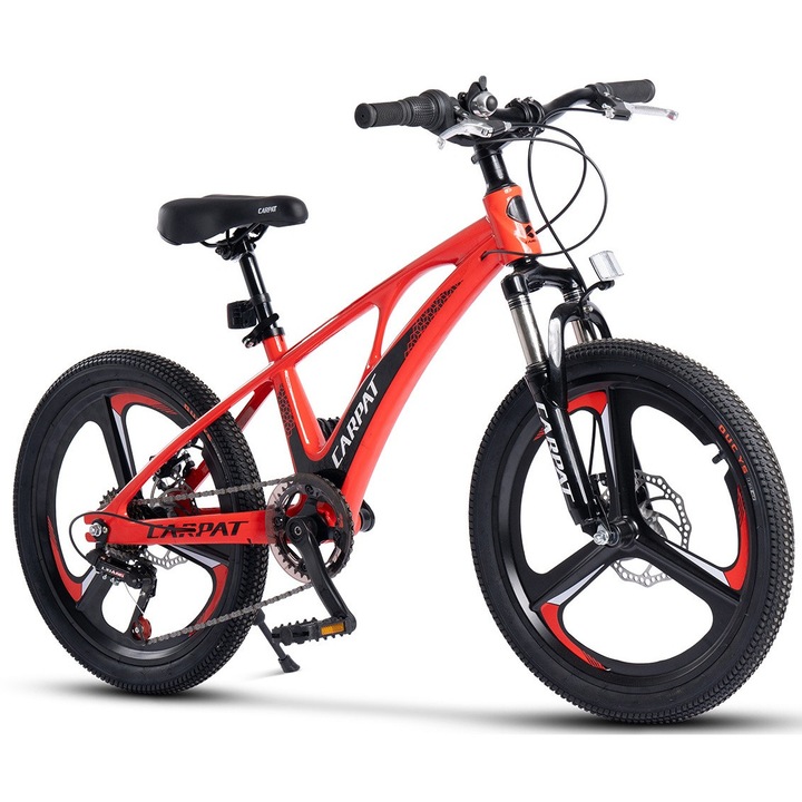 Планински велосипед с 20", предни/задни дискови спирачки, 7 скорости, оборудване SunRun, червено и черно, планински велосипед Carpat Pro с магнезиеви колела Genius с алуминиева рамка за деца 7/10 години - между 110-140 см