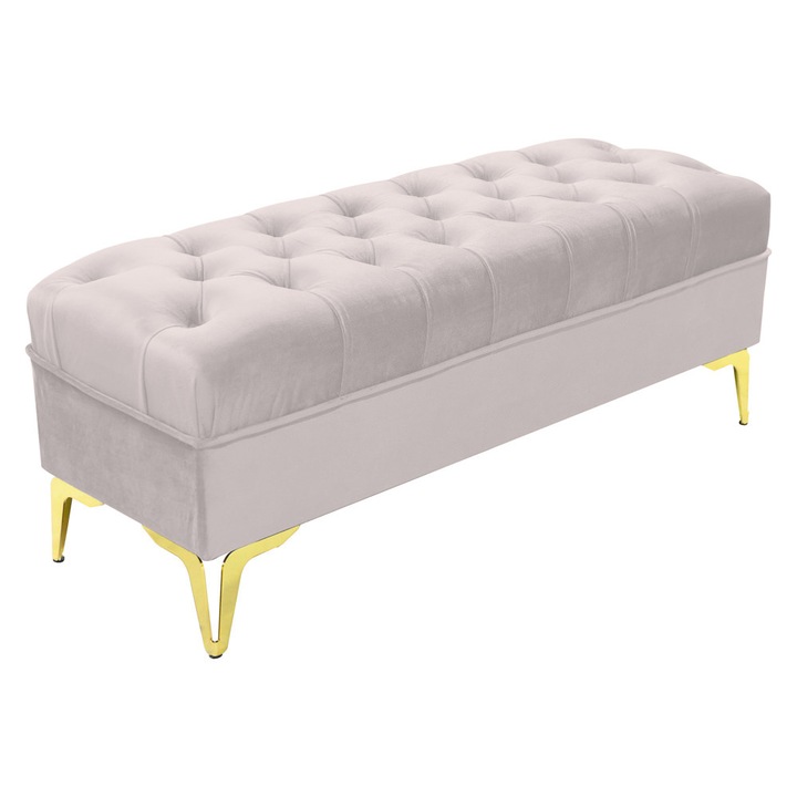 Bancheta tapitata catifea gri deschis cu picioare aurii, 120*30*55 cm