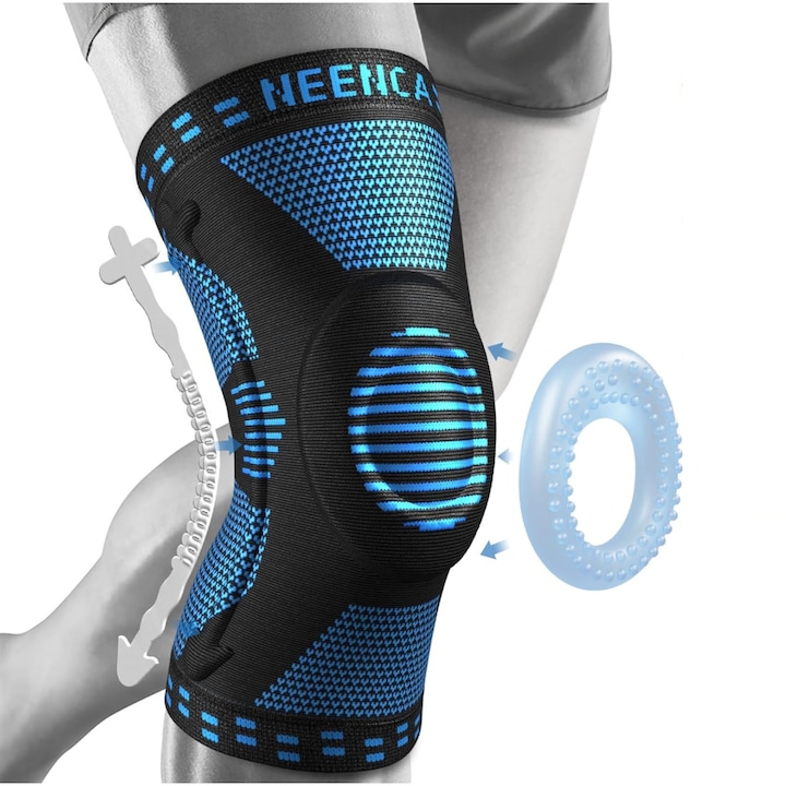 Genunchiera Elastica Cu Stabilizare, Suport Pentru Menisc, Ideala Pentru Recuperare, Pentru Toate Tipurile De Sporturi Dinamice, Marime L, Negru/Albastru - CN
