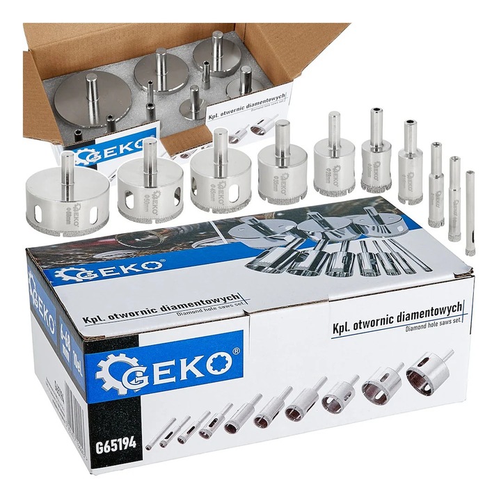 Gyémánt magkészlet csempékhez, 6-68 mm, 10 darab, Geko G65194