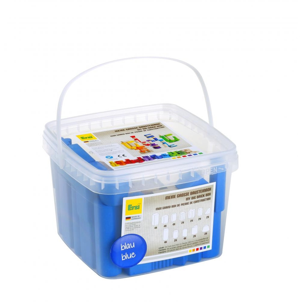 Blocuri lemn pentru constructii, Big Bricks Box, culoare albastru, 34 piese, forme variate
