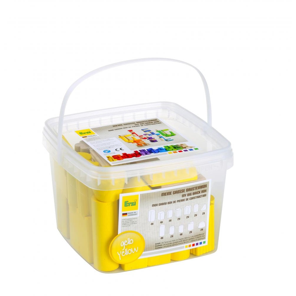 Blocuri lemn pentru constructii, Big Bricks Box, culoare galben, 34 piese, forme variate