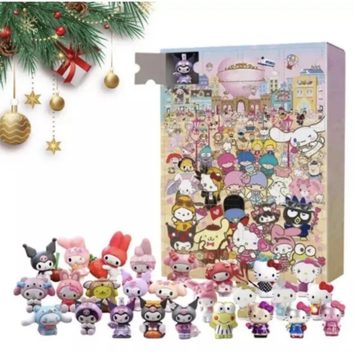 Адвент календар Sanrio Kuromi, 24 дни изненади с ексклузивни PVC фигурки, Коледен подарък за деца, Празнична декорация, Многоцветен, Кафяв Адвент календар