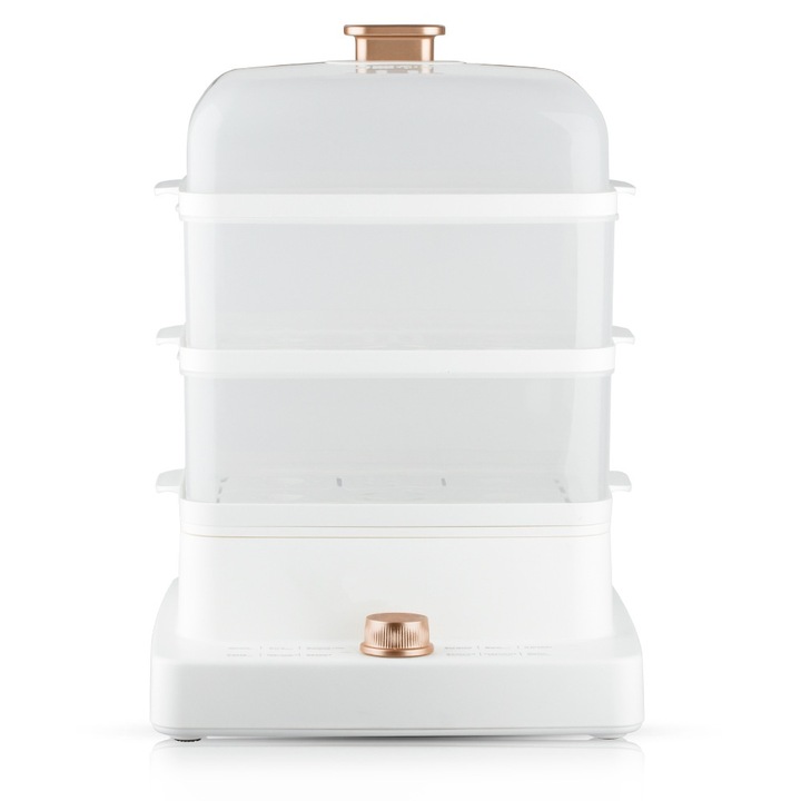 Aparat de gatit la abur multifunctional, cu trei straturi, 1200W, 220V, 12L, pentru gatit la abur chifle, cereale, legume, coaste, peste, fructe de mare, 29x28x38cm, alb