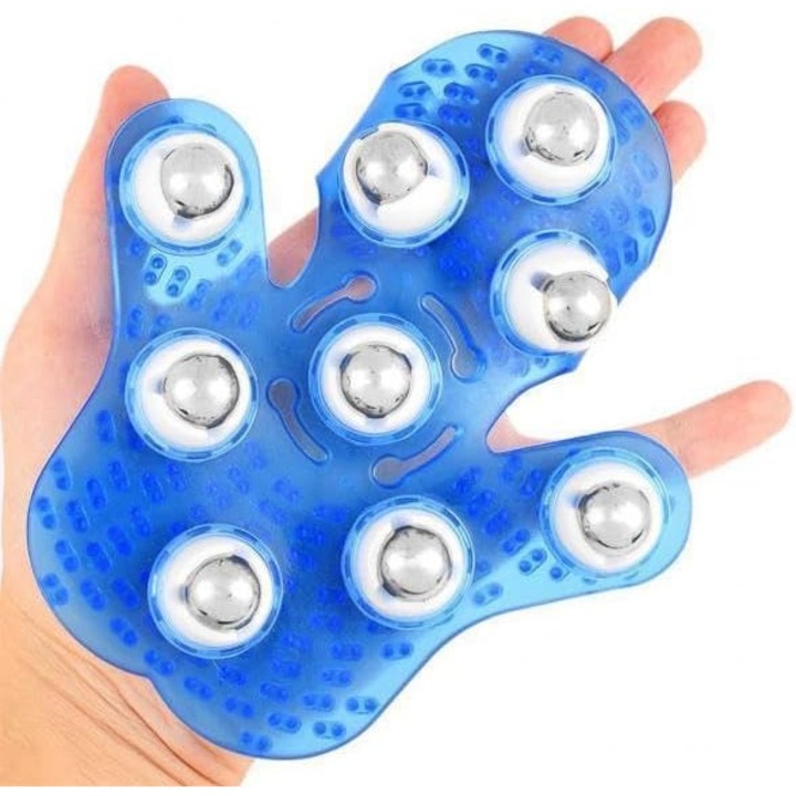 Manusa de masaj pentru corp, gat si maini, cu 9 bile metalice rotative 360°, ideala pentru relaxare, stimulare si drenaj limfatic, albastru
