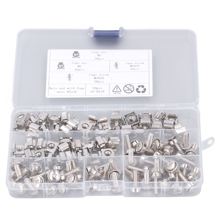 Set 100 bucati, piulite cage M5 si suruburi M5x20, otel nichelat, compatibile cu rack cu gauri patrate, cutie de depozitare inclusa, argintiu, 50 x piulite M5, 50 x suruburi M5x20