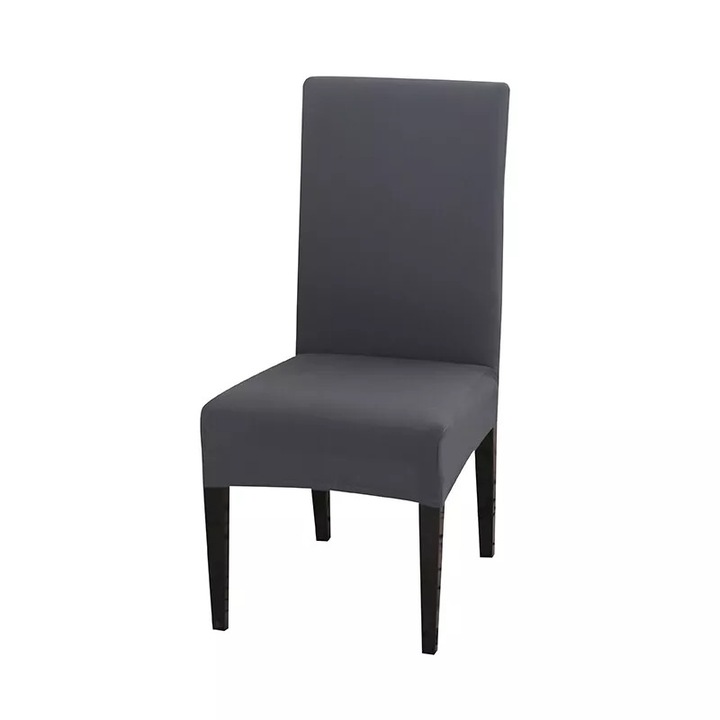 Husa elastica pentru scaun cu spatar, gri inchis, material tip matase, lavabila