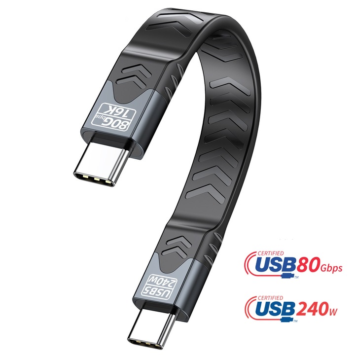 Кабел за данни, Къс USB-C към USB-C, USB4 v2.0, 80Gbps, SuperFastCharge 240W бързо зареждане, 16K видео, 13 см, E-Marker, съвместим с Thunderbolt 4/3, MacBook, iPhone 15/16, Android, тъмносив