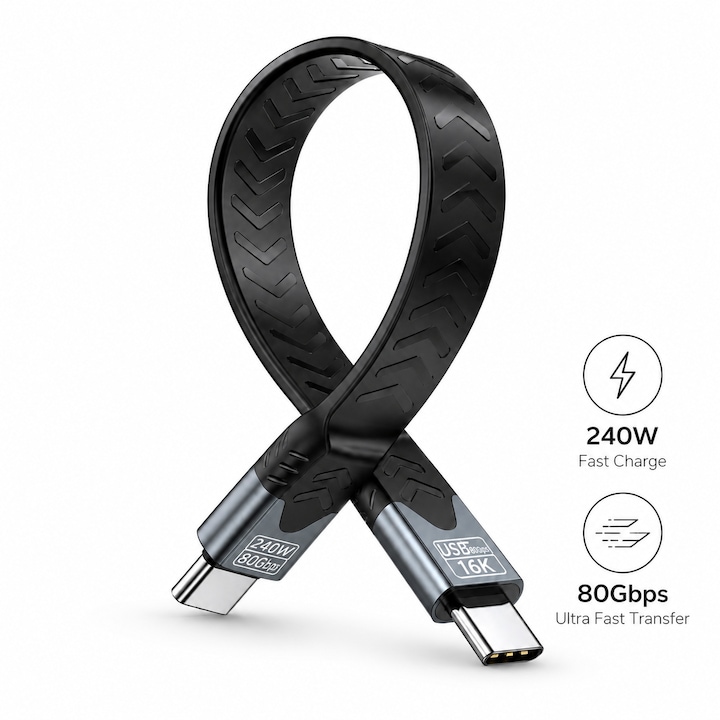 Cablu de date scurt USB-C la USB-C, USB4 v2.0, 80Gbps, Transfer SSD/OTG, incarcare rapida SuperFastCharge 240W, video 16K, 13cm, E-Marker, compatibil Thunderbolt 4/3, iPhone 15/16, Android, Gri inchis