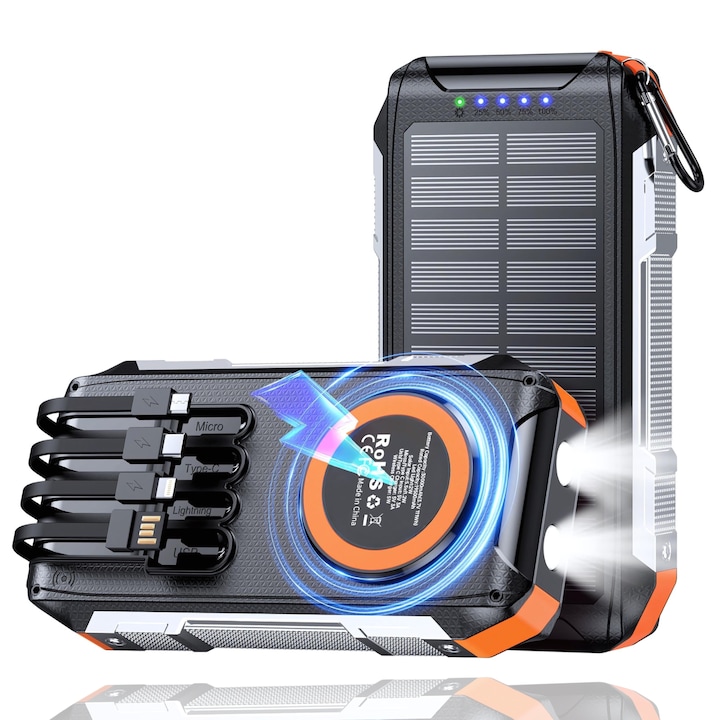 Baterie externa solara Adventure Ronic X®, 30.000 mAh, Incarcare Wireless 15W + Fast Charge 22.5W, 4 Cabluri Integrate USB‑C/Lightning/USB‑A/MicroUSB, 3 Porturi USB, Lanterna LED, portocaliu